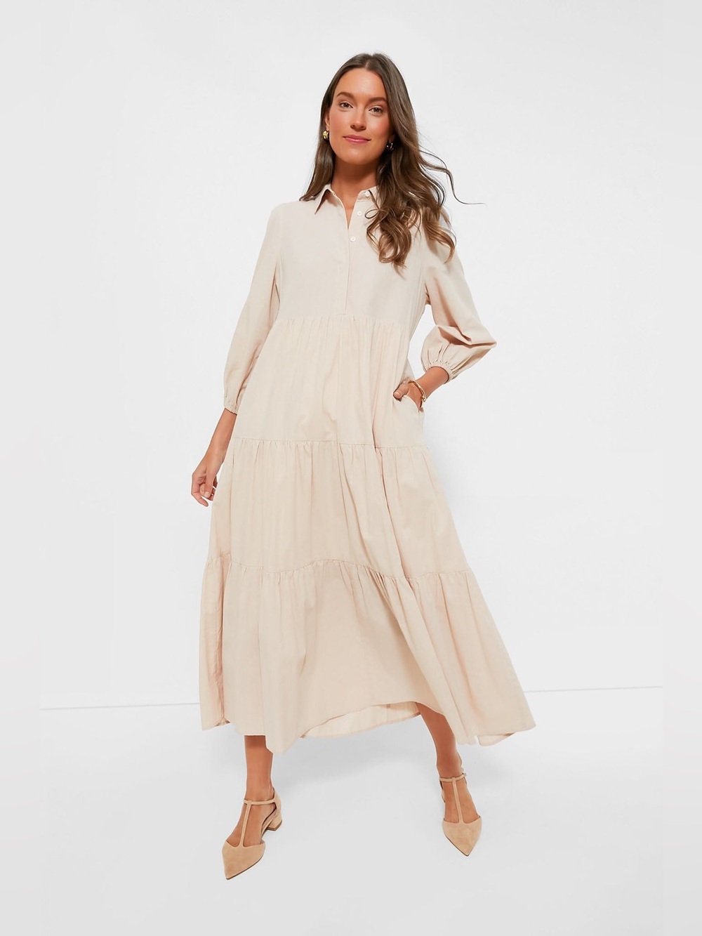 Tuckernuck Pomander Place Sandstone Cotton Mabel Tiered Maxi Dress, Size L